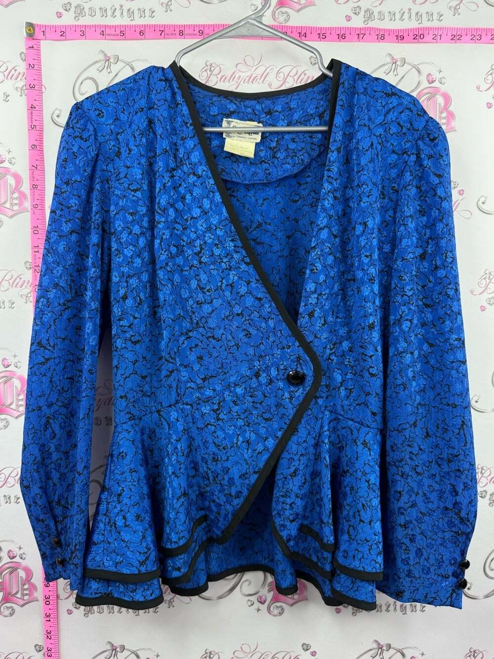 NUMODE blazer bow ribbon detail Blue Floral Peplum Blazer with Black Trim